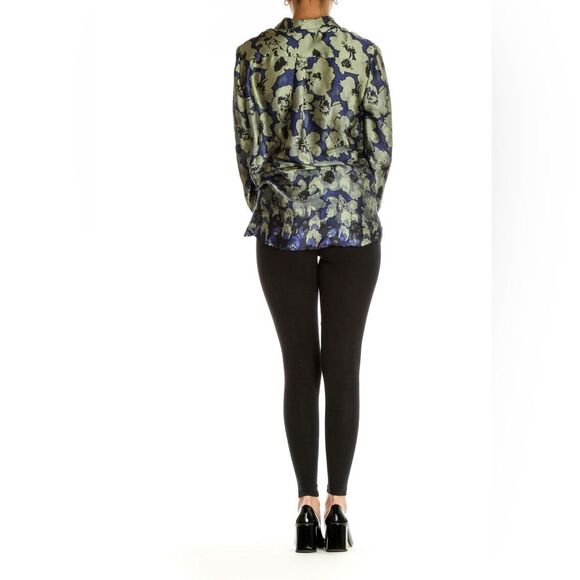 BANANA REPUBLIC Dillon Floral Silky Blouse Button Down Front XS Blue Green - Picture 3 of 9